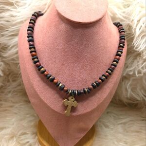 Vintage Handmade Onyx Gemstone Beads Cross Prayer Rope Necklace
